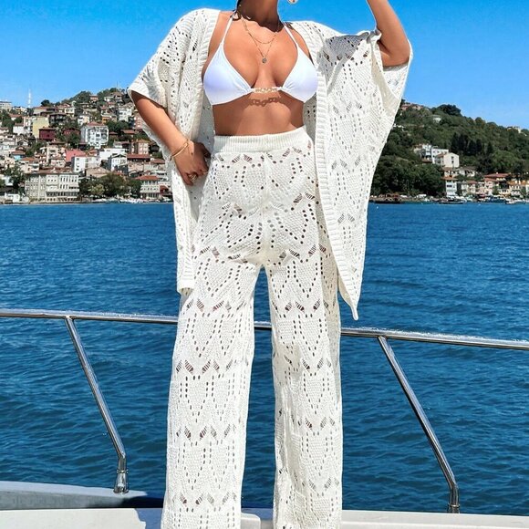 Other - White Women's Crochet Knit Three-Quarter Sleeve Kimona And Pant Cover-Up Set